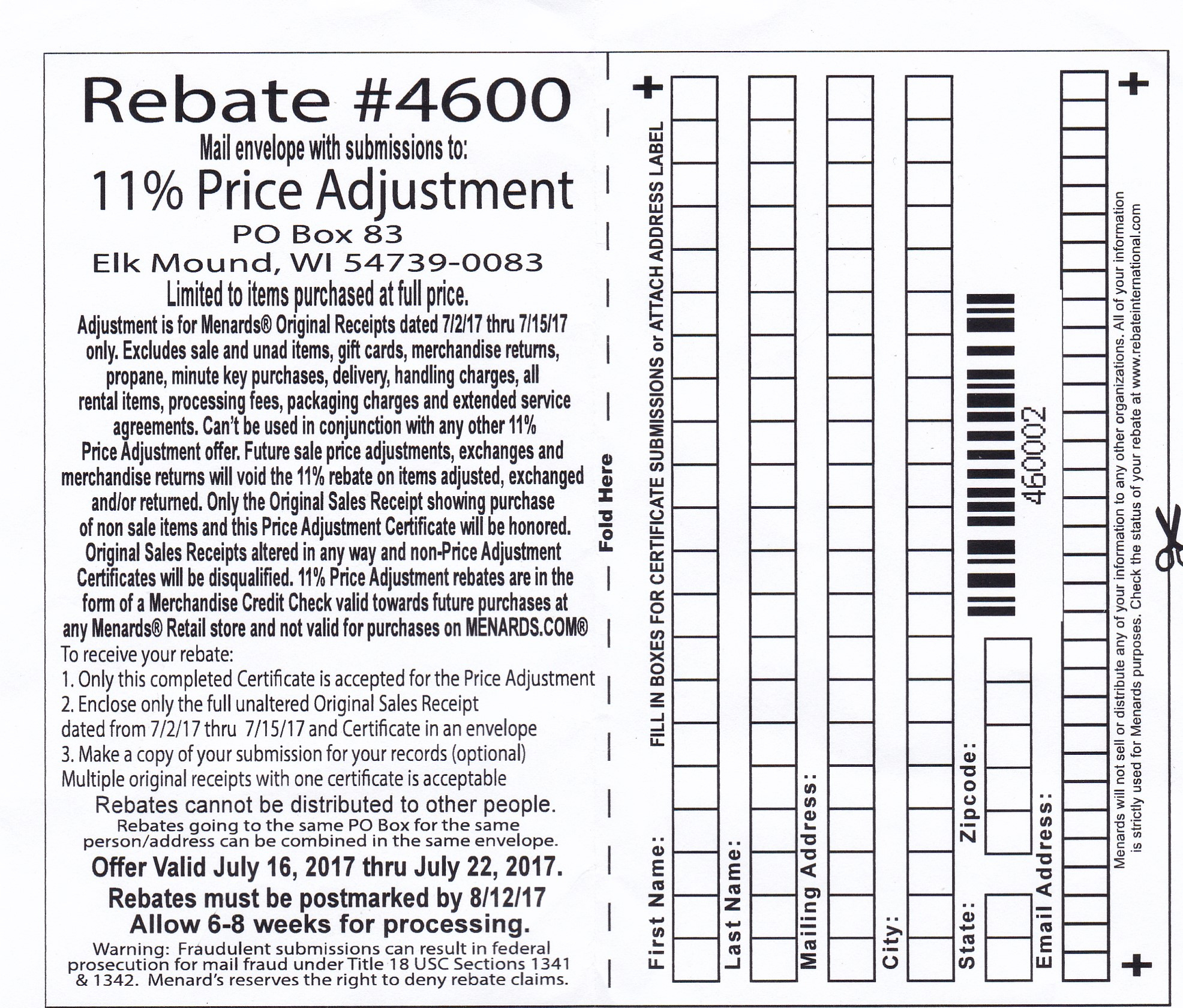 Menards 11 Percent Price Adjustment Rebate Form